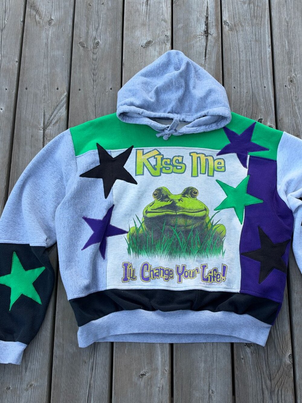 upcycled handmade patchwork hoodie frog stars vintage